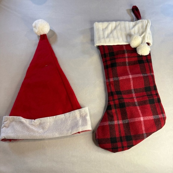 Plaid Red, Black & White Christmas Stocking with Complimentary Santa Hat, Adult - Picture 4 of 5